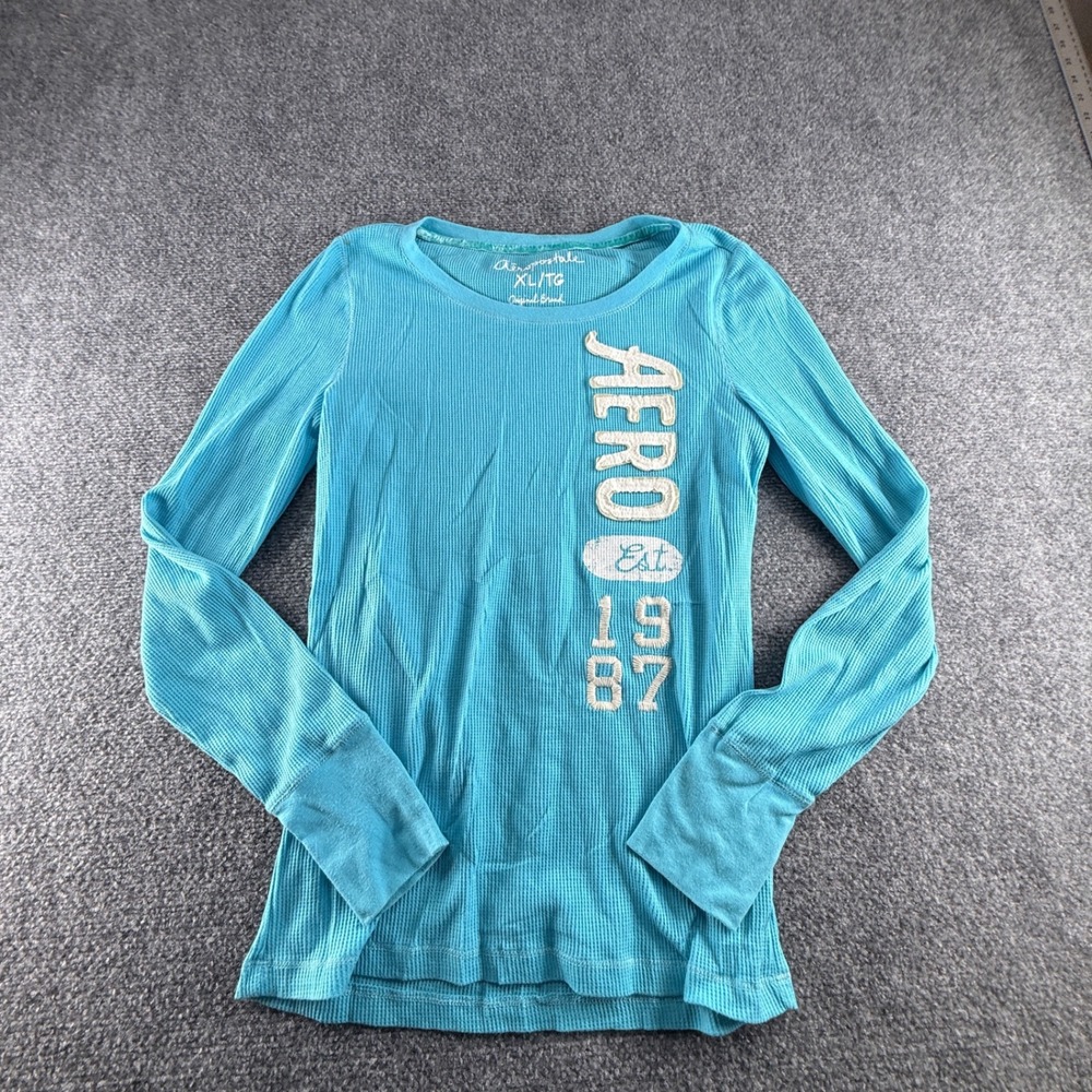 Aeropostale Womens XL Turquoise Blue Waffle Knit Thermal Long Sleeve Graphic Top